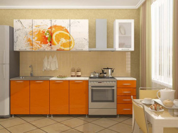 Кухонный гарнитур 1,6м Апельсин (Белый/Оранжевый металлик/Фотопечать апельсин) в Купино - kupino.mebel54.com | фото